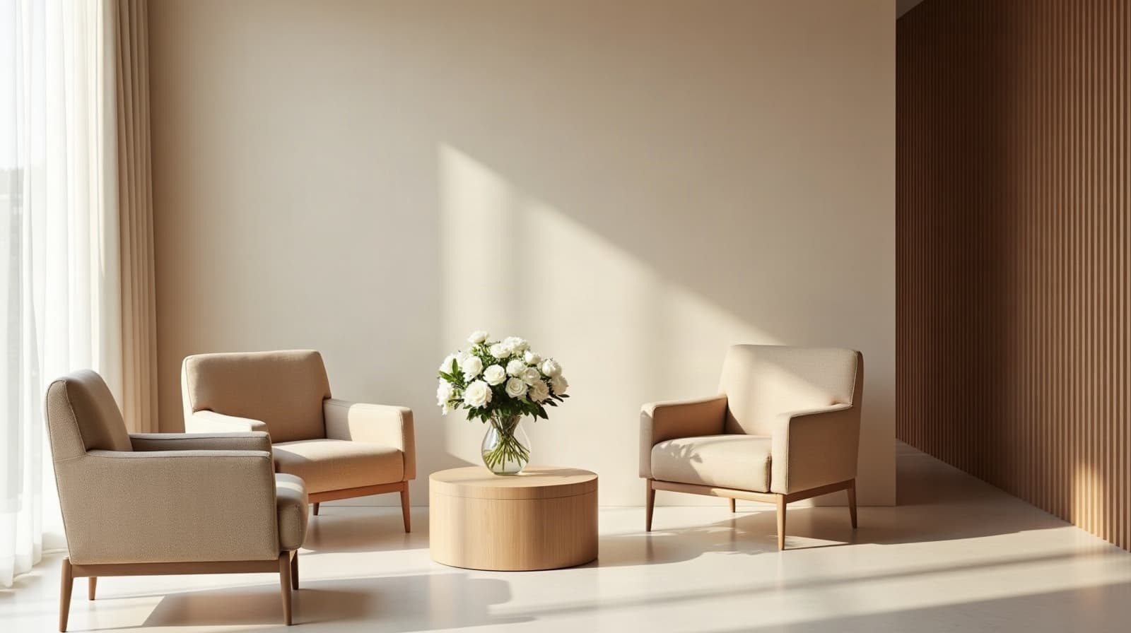 Salon de réception contemporain baigné de lumière douce, fauteuils en lin et bouquet de roses blanches
