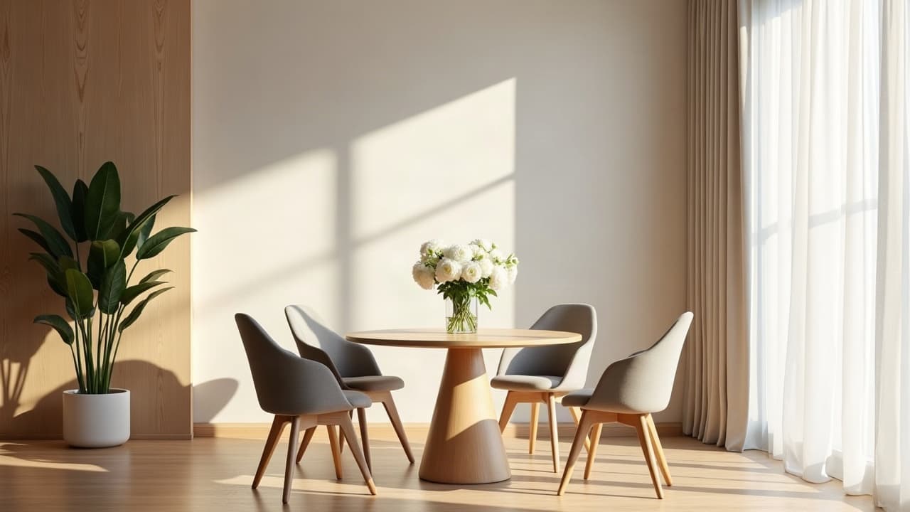 Salle de réception claire avec table ronde en chêne, fauteuils et bouquet de fleurs blanches
