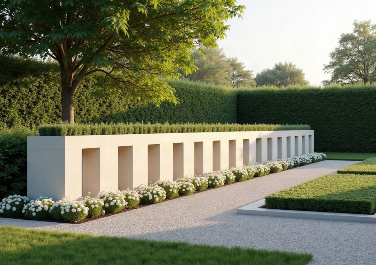 Columbarium contemporain en pierre claire dans un jardin paysager, niches nues bordées de haies de buis
