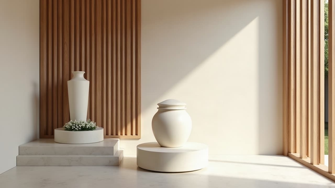Urne cinéraire ivoire posée sur un socle en travertin dans une salle de cérémonie contemporaine