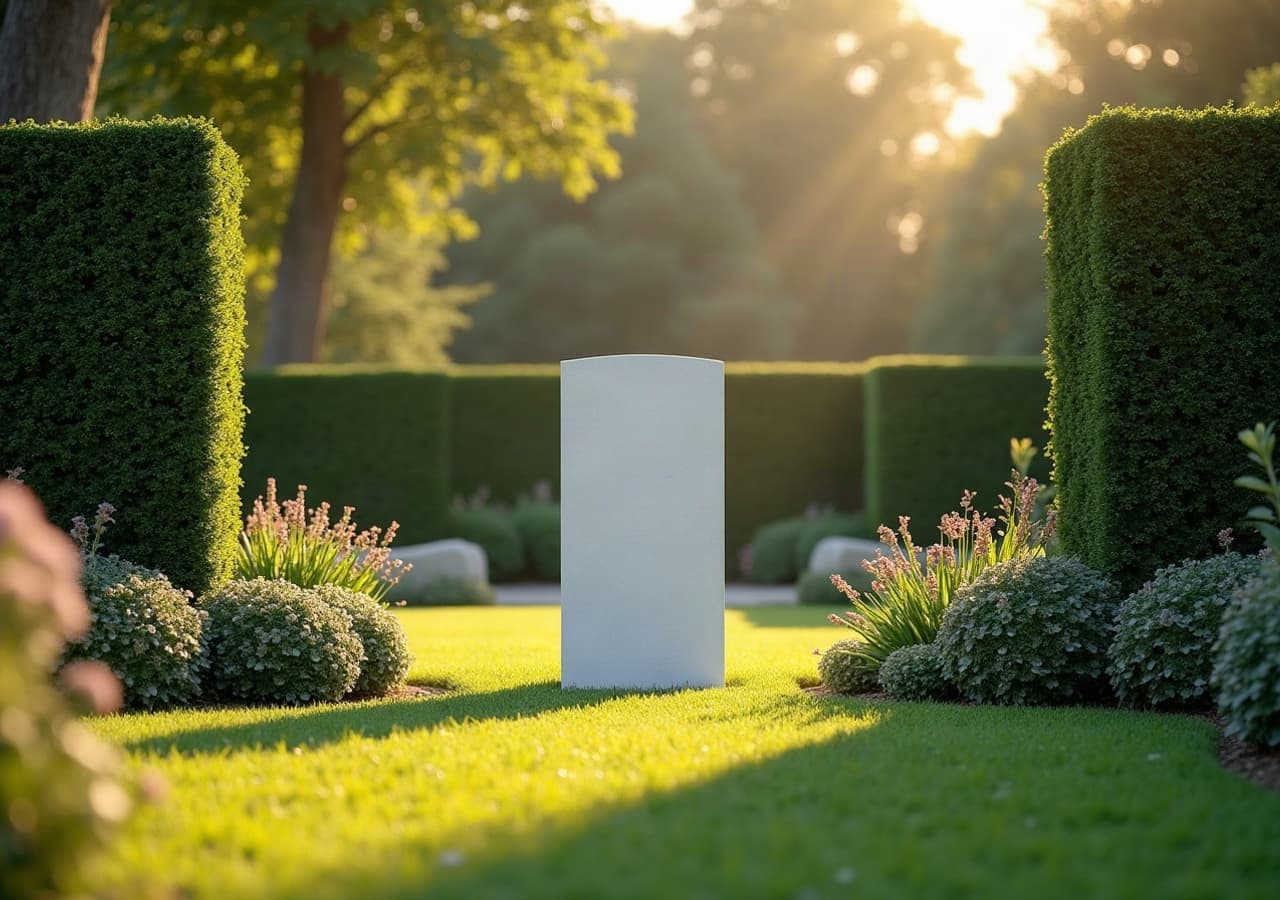 Stèle en granit clair entourée de haies de buis taillées dans un cimetière paysager entretenu