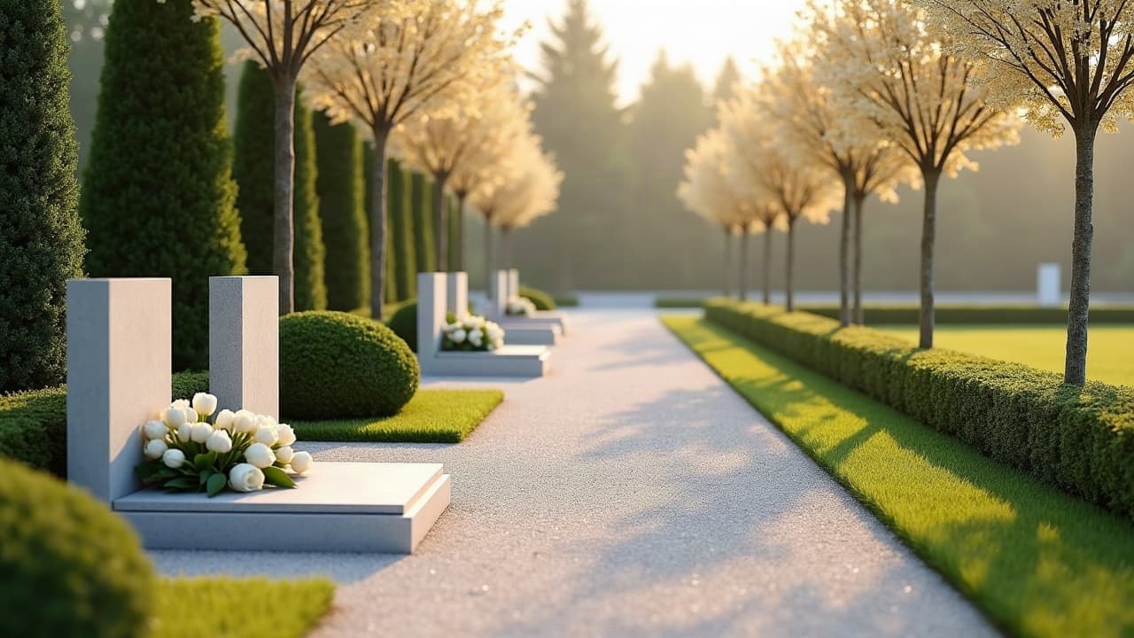 Allée de cimetière paysager entretenue, stèles en granit et roses blanches dans la lumière du matin