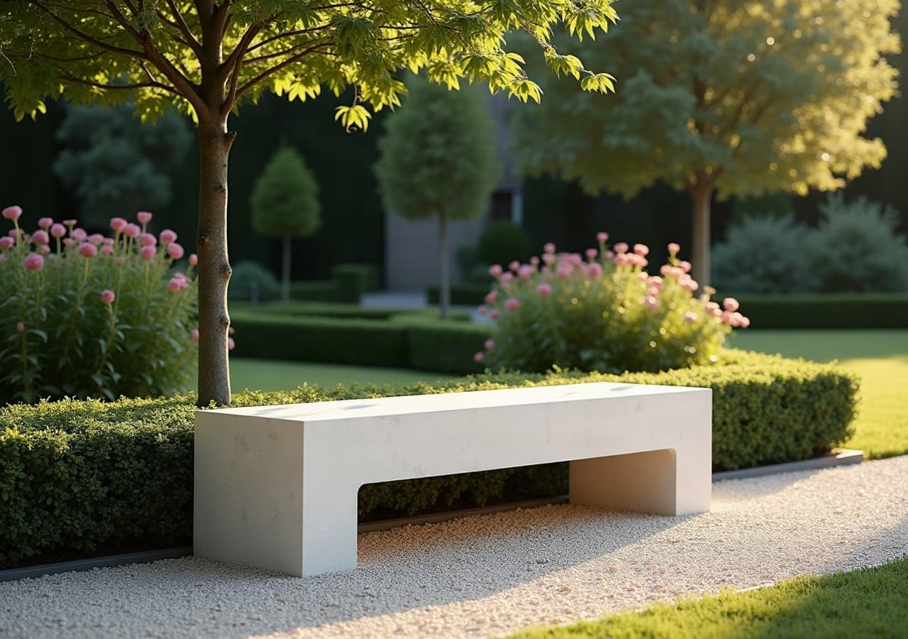 Banc en pierre calcaire claire, sobre et sans inscription, au bord d'une allée de jardin paysager