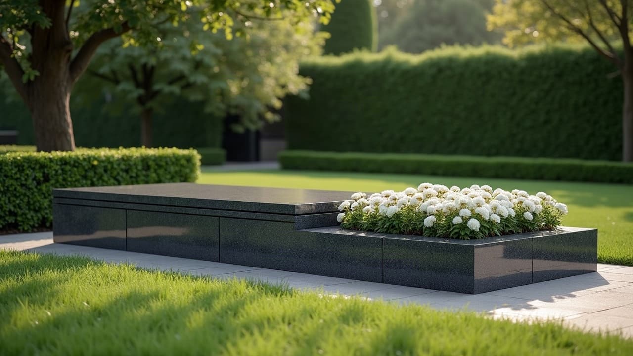 Monument funéraire contemporain en granit poli avec jardinière de fleurs blanches dans un cimetière paysager