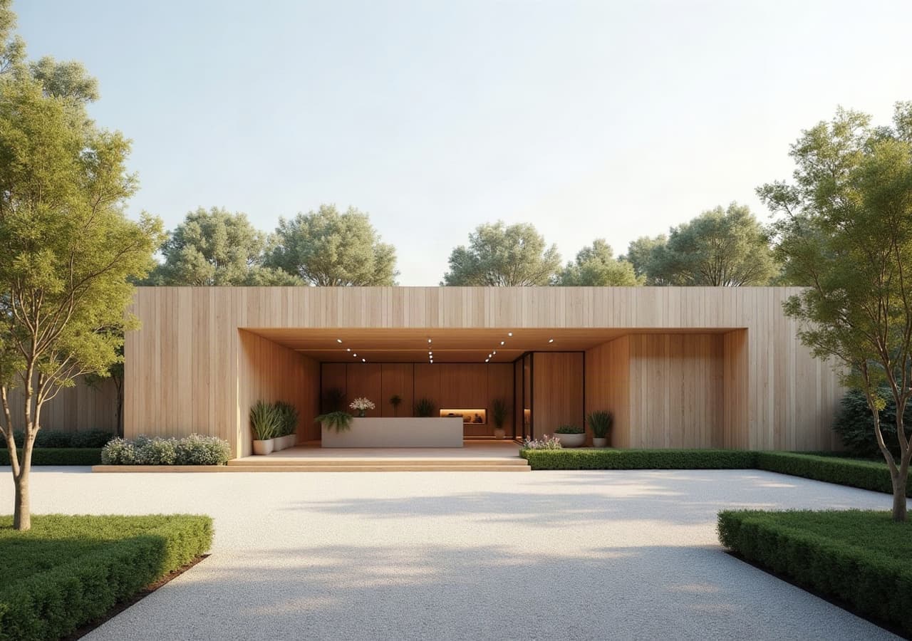 Bâtiment funéraire contemporain habillé de bois clair, allée en gravier et haie taillée