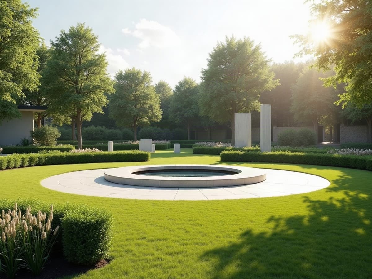 Jardin du souvenir paysager, pelouse dégagée avec une margelle circulaire en pierre claire au centre, haies taillées et jeunes arbres