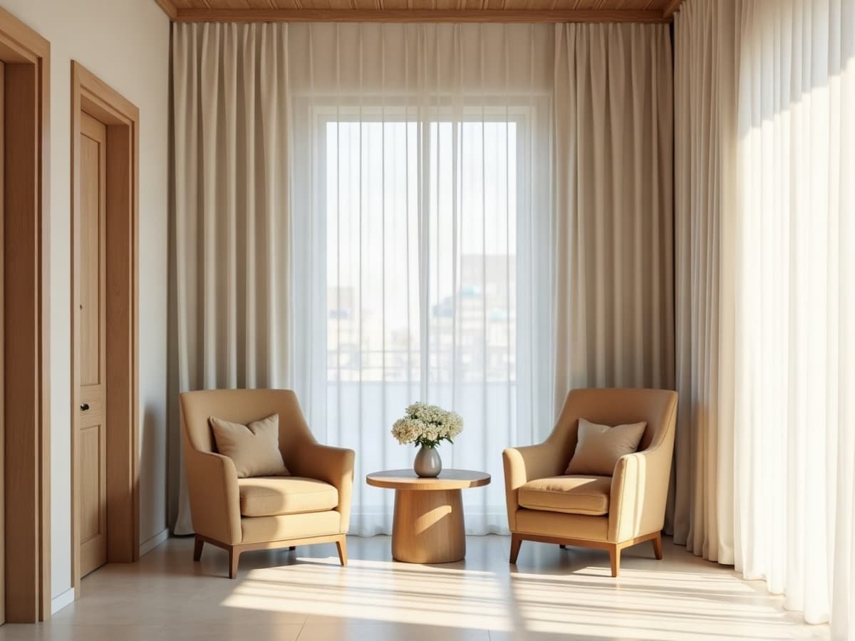 Salon de réception contemporain avec fauteuils en lin beige, rideaux de lin ivoire et sol en pierre claire