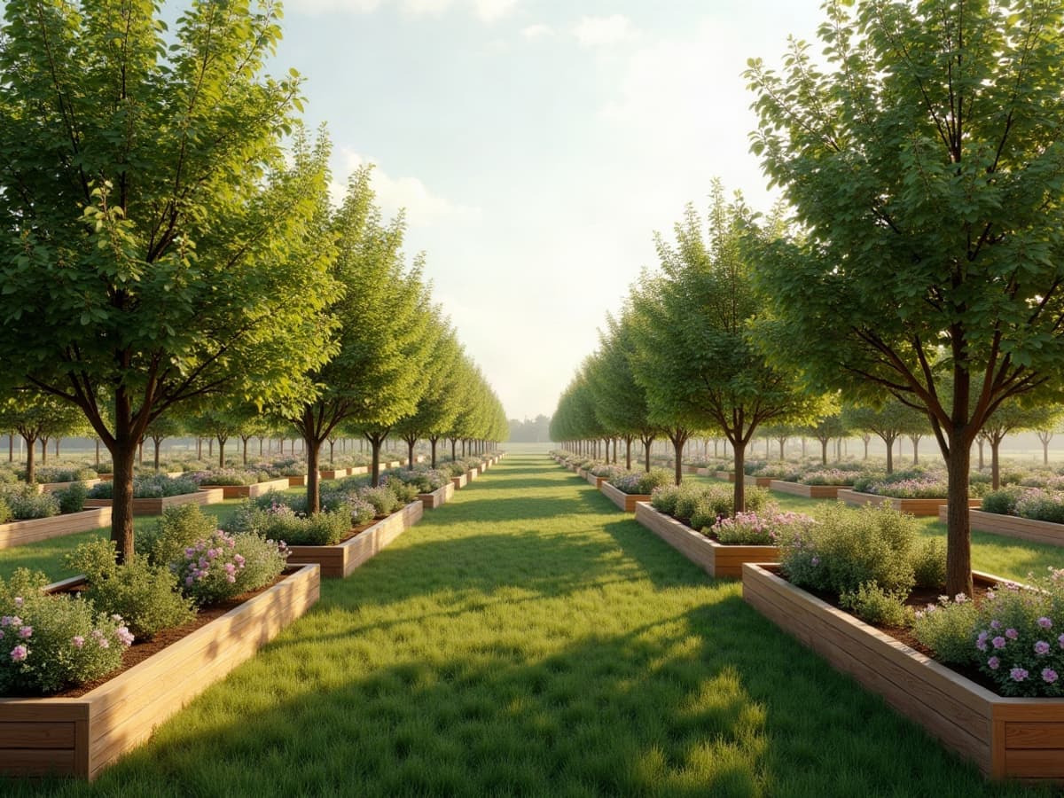 Le Verger conservatoire de Bréviandes, rangées d'arbres fruitiers traditionnels et jardins bordés, vue sur la campagne