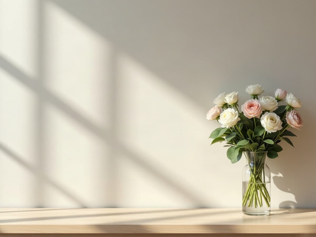 Bouquet de roses blanches et de renoncules pastel dans un vase en verre transparent, posé sur une table en chêne pâle