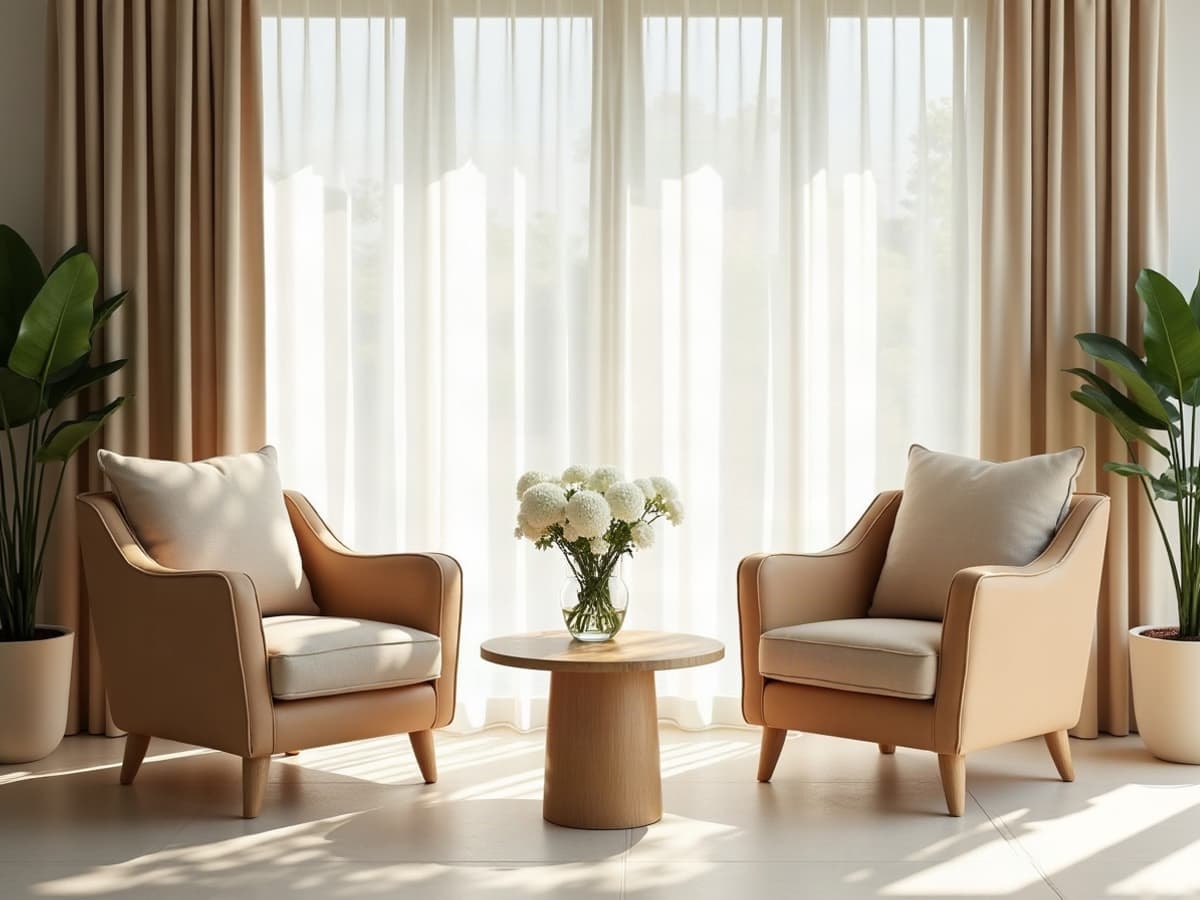 Salon de réception contemporain avec fauteuils en lin beige, table basse en chêne clair et bouquet de fleurs blanches
