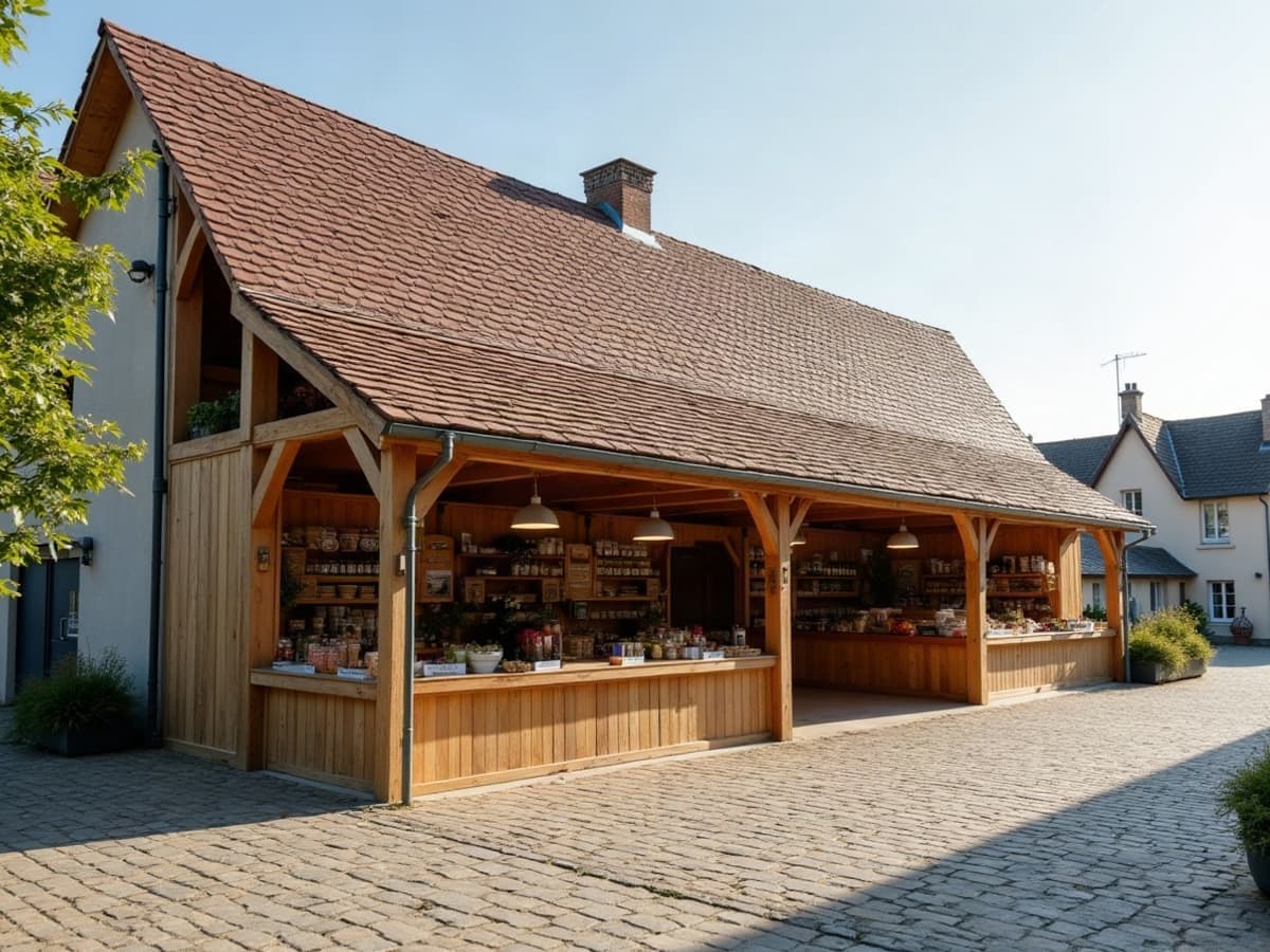 La halle du dix-septième siècle d'Estissac, charpente et piliers en bois sur la place du village, ancien marché aux grains