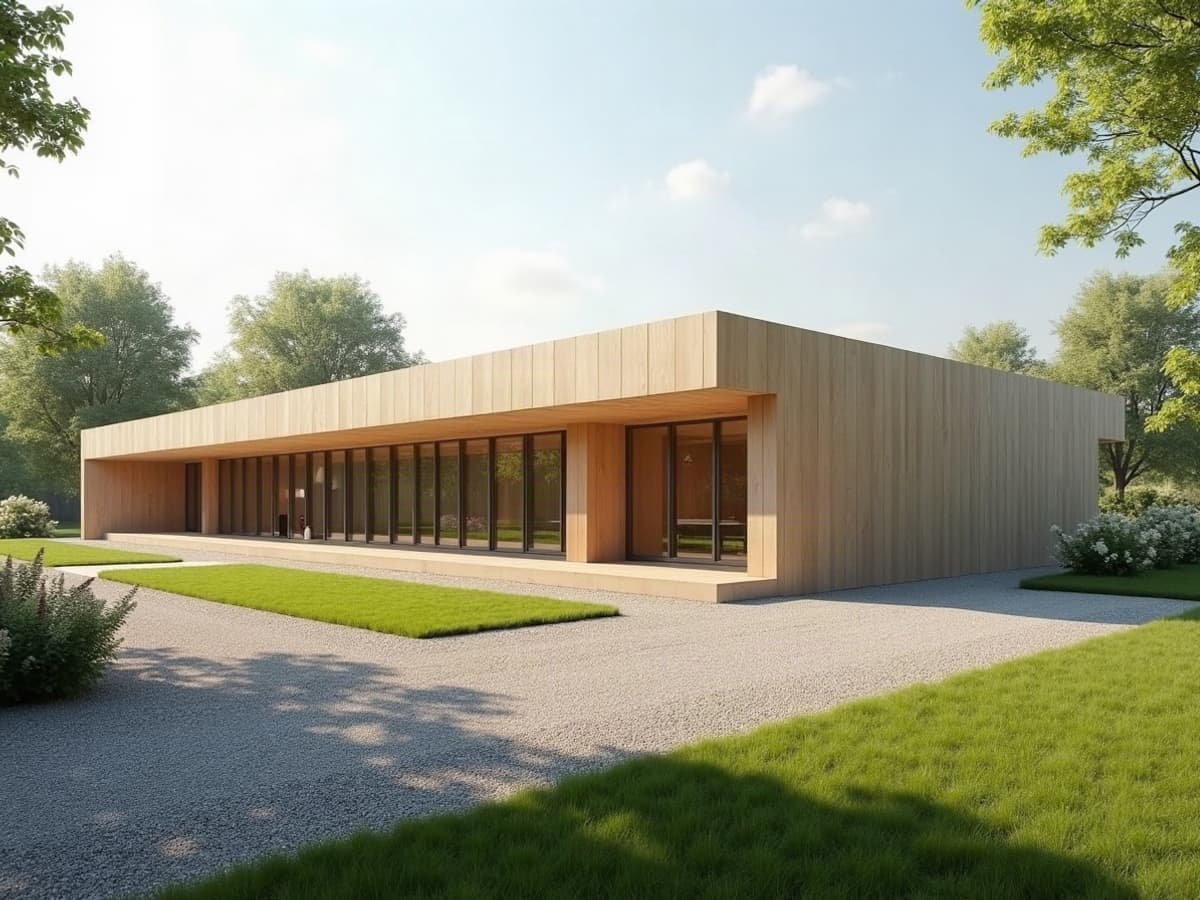 Façade contemporaine et épurée d'un crématorium, larges baies vitrées et bardage en bois clair, entouré d'une pelouse soignée