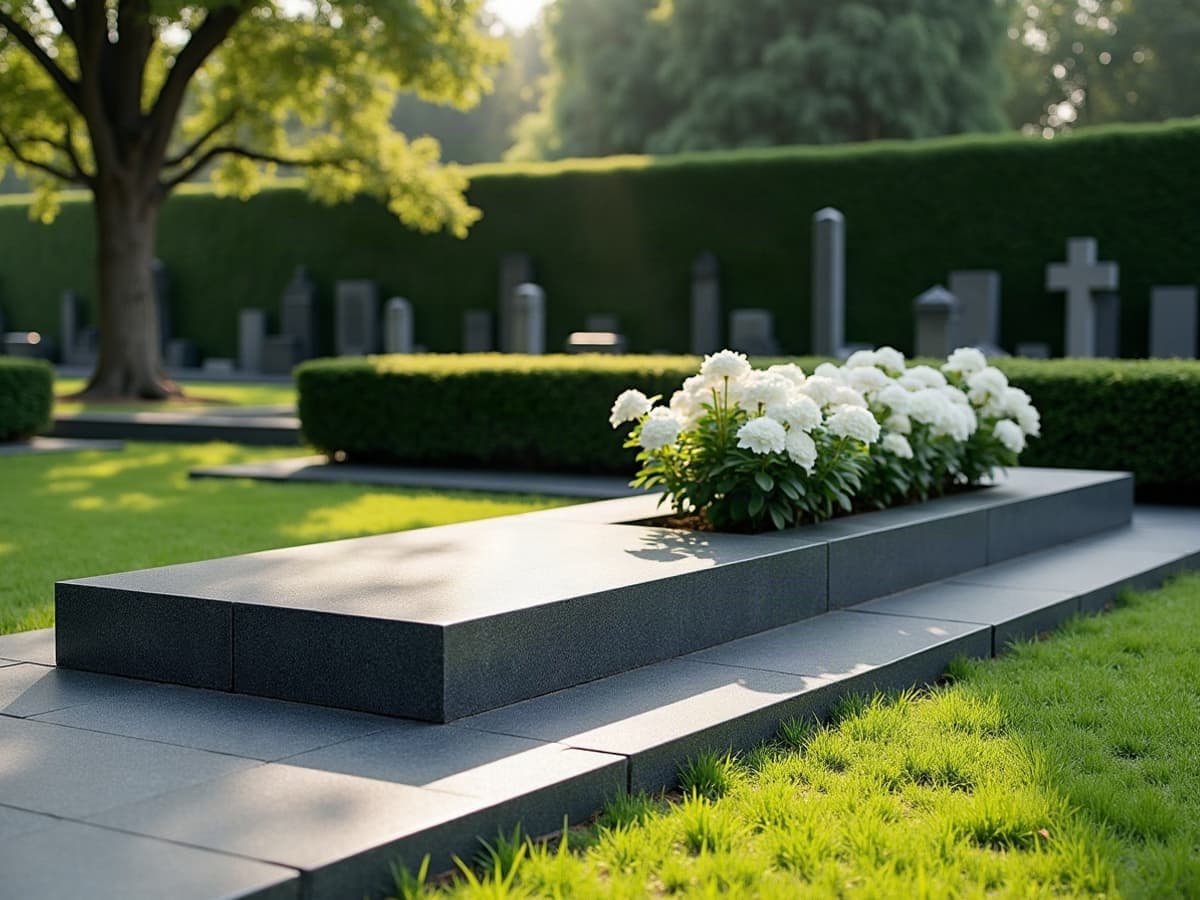Monument funéraire contemporain en granit gris foncé, lignes épurées, avec une petite jardinière de fleurs blanches