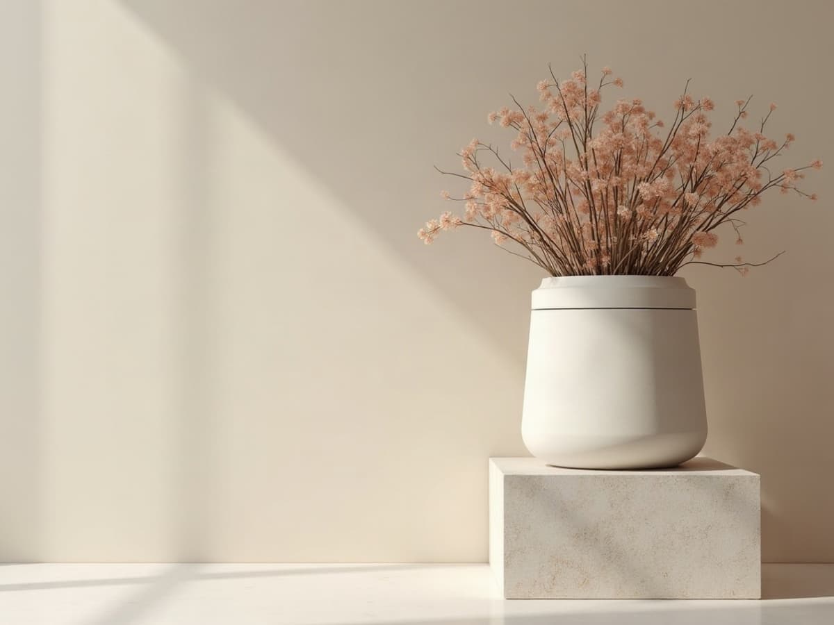 Urne cinéraire en pierre claire, forme épurée, posée sur un socle en travertin dans une pièce baignée de lumière naturelle