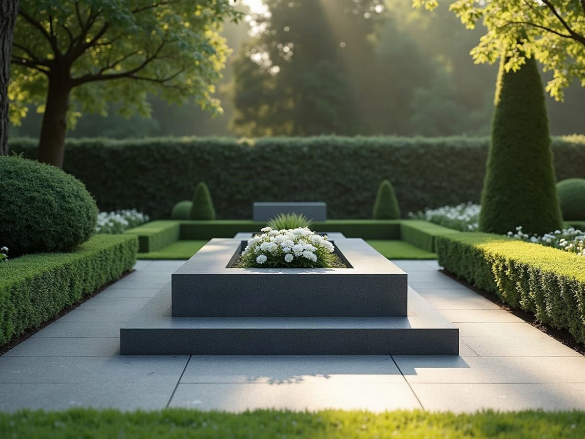 Monument funéraire contemporain en granit gris poli, lignes minimalistes, avec une jardinière de fleurs blanches