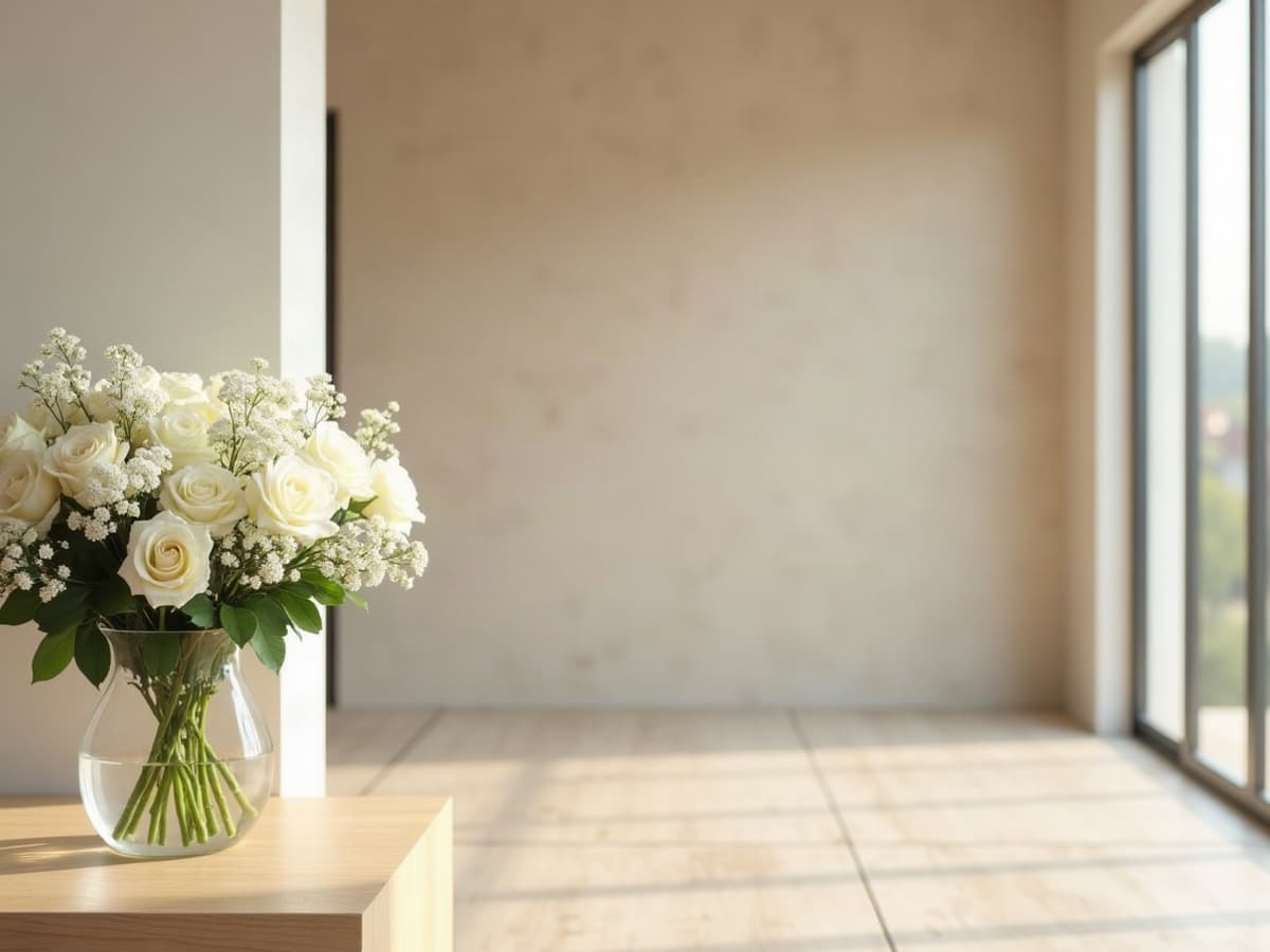 Massif de fleurs blanches fraîches dans une jardinière contemporaine en pierre sombre, au milieu d'un jardin aux haies taillées