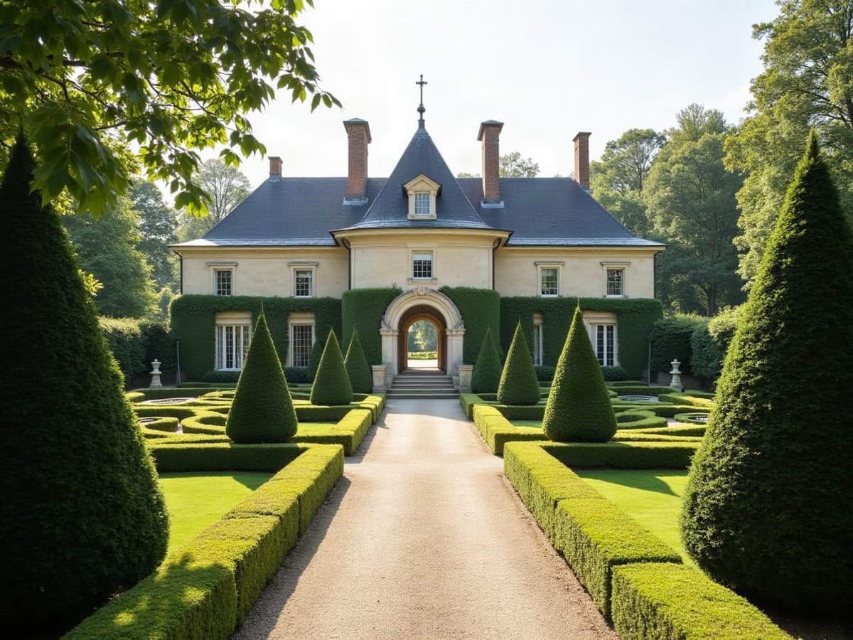 Le château de Rosières, porte d'entrée et tour visibles depuis les jardins à la française