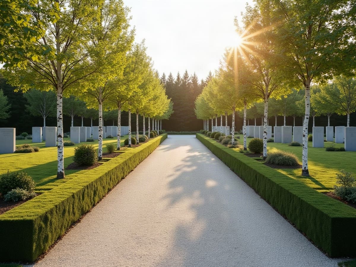 Allée de cimetière paysager entretenue, gravier clair ratissé et haies de buis taillées, sous une lumière douce du matin