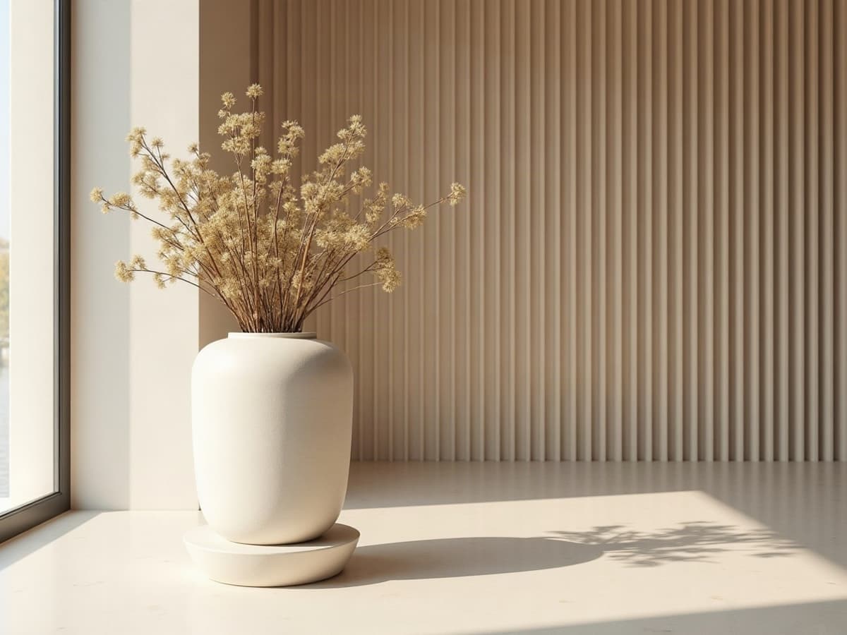 Vase en céramique mate ivoire garni de fleurs séchées, dans une pièce baignée de lumière douce