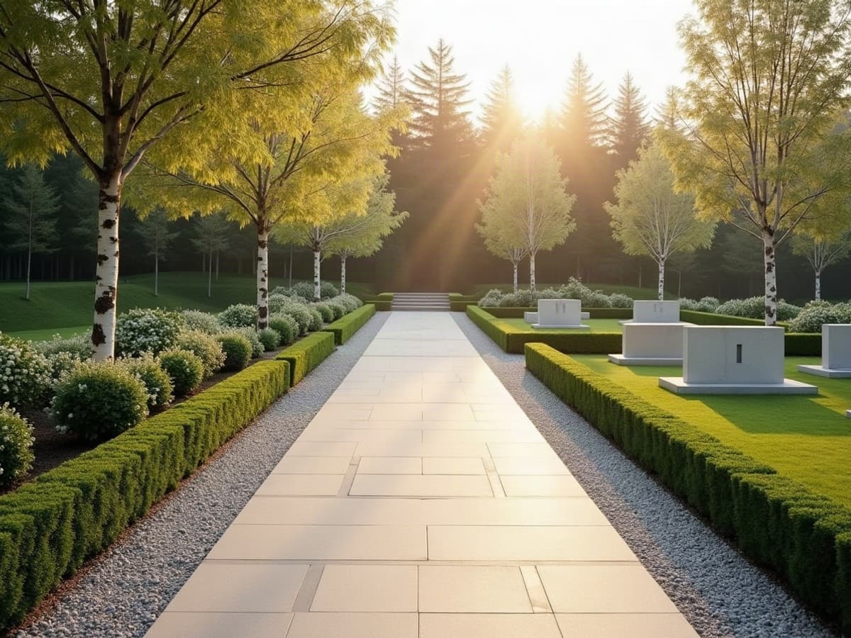 Allée de cimetière paysager avec gravier clair ratissé, haies de buis taillées et jeunes arbres, lumière matinale