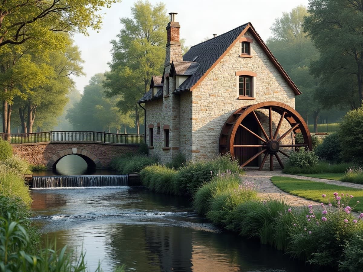 Le moulin de Baire, ouvrage hydraulique en pierre au bord de l'eau, dans un cadre rural paisible