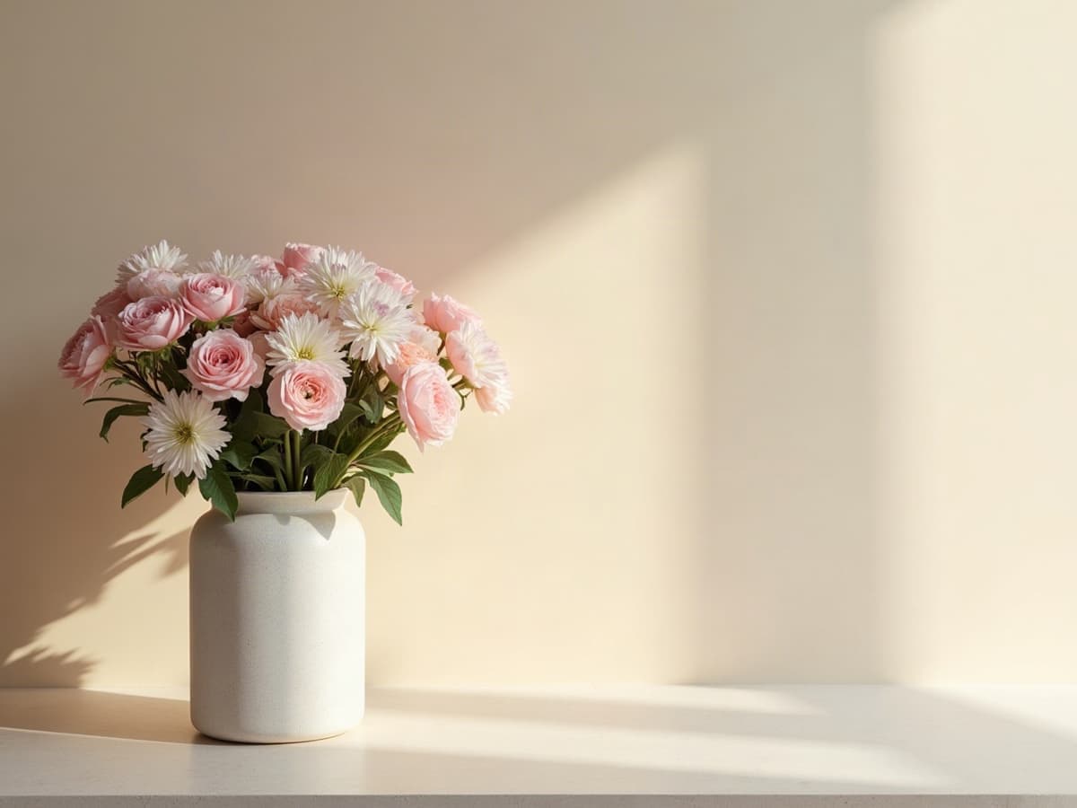 Bouquet de fleurs pastel, lisianthus roses et blancs, dans un vase en pierre claire posé sur une table en chêne pâle