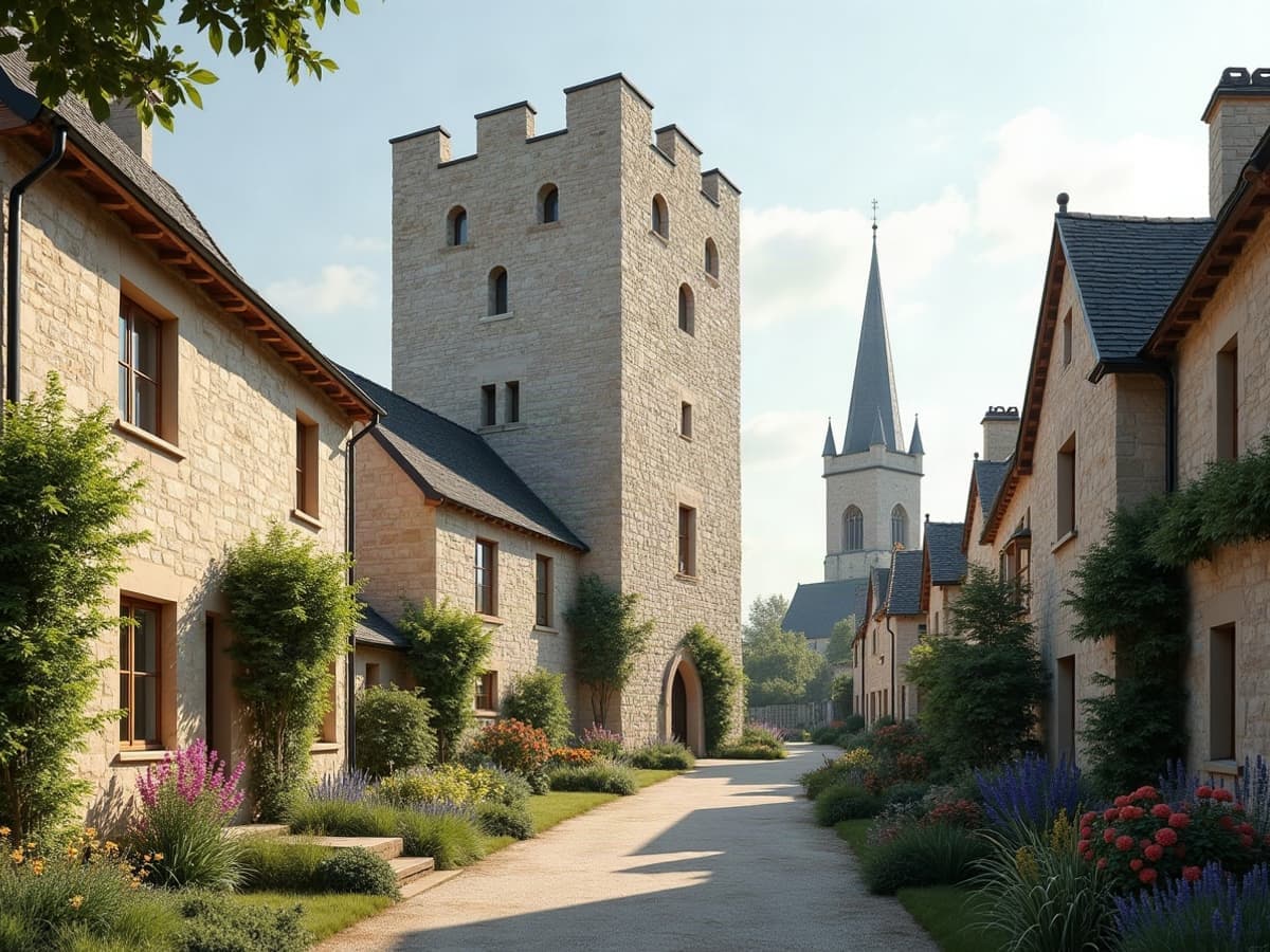 Le donjon de Sainte-Maure, façades et toitures en pierre inscrites aux monuments historiques, dans un cadre villageois calme