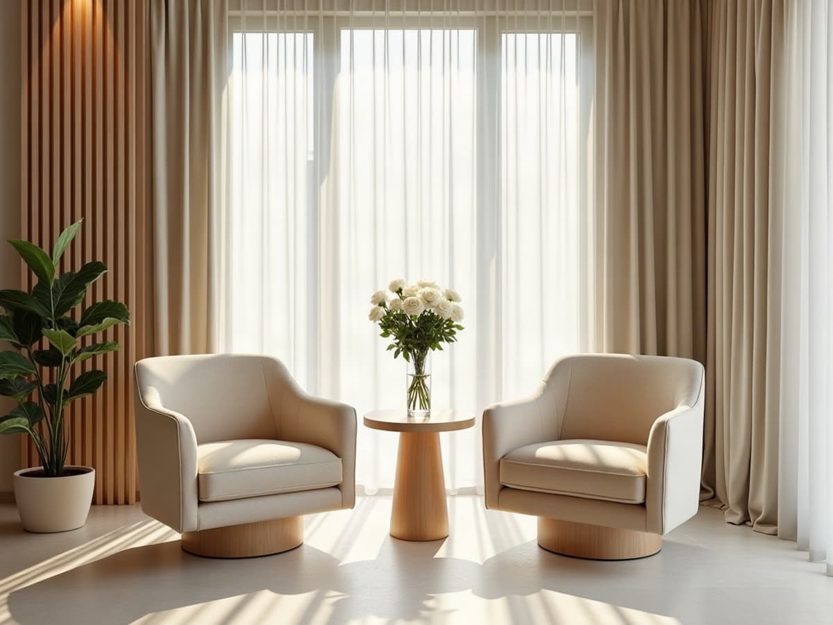 Salon de réception contemporain avec fauteuils en lin beige, table basse en chêne clair et bouquet de roses blanches