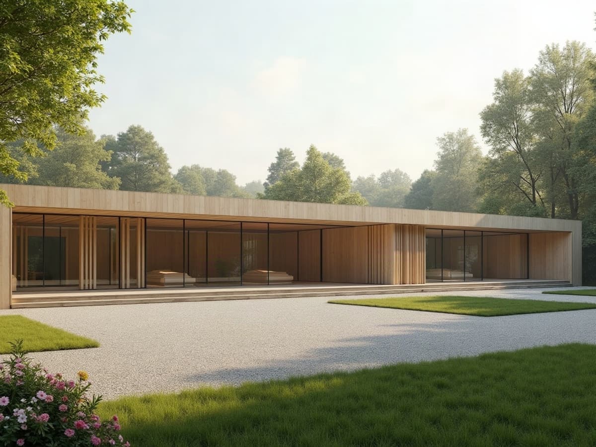 Façade contemporaine et sobre d'un crématorium, bardage en bois clair et larges baies vitrées, entourée d'une pelouse entretenue