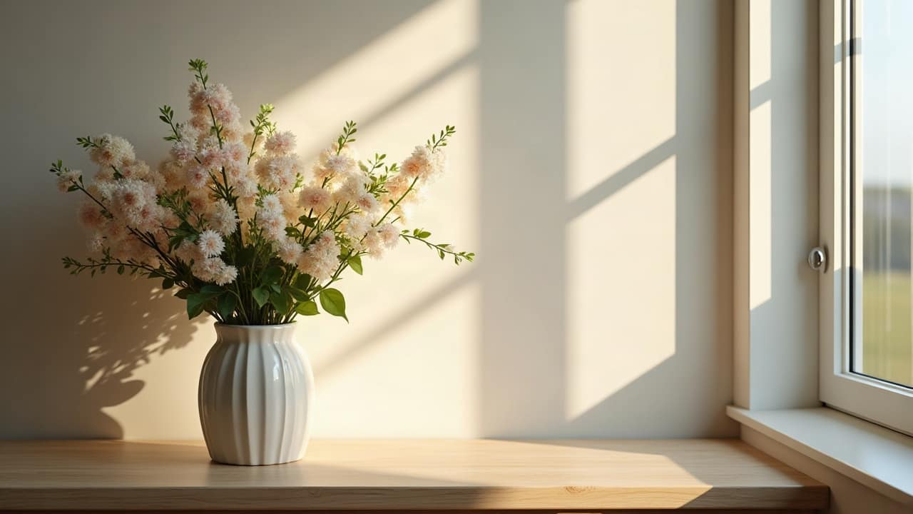 Vase de fleurs blanches et pastel posé sur une console en chêne clair près d'une fenêtre, lumière du matin, aucune personne visible