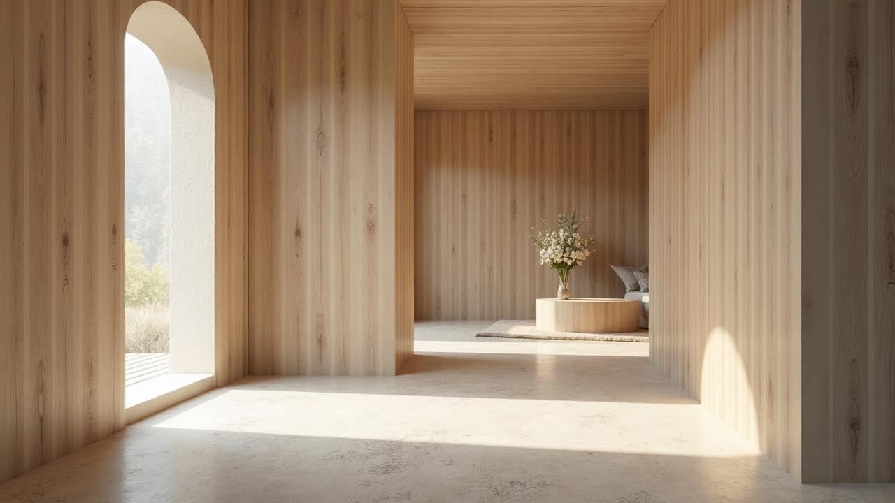 Couloir intérieur contemporain aux murs de bois clair, vase de fleurs blanches en arrière-plan, lumière douce, aucune personne visible