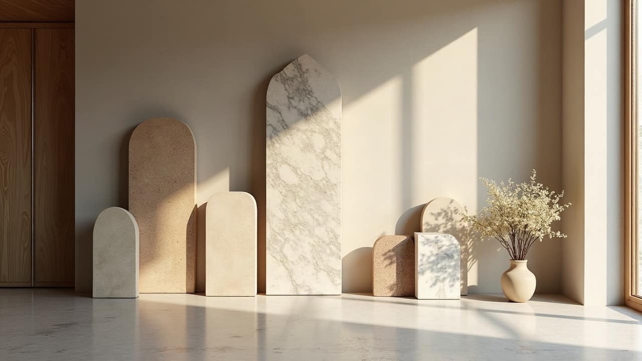 Échantillons de pierre, granit et marbre, posés côte à côte dans une ambiance d'atelier propre, aucune personne visible