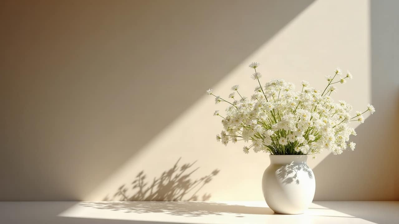 Bouquet de fleurs simples et blanches dans un vase en céramique mate, lumière naturelle, aucune personne visible
